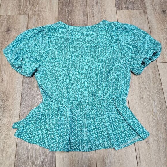Meraki Faux Wrap Blouse Puff Sleeve Women’s Large Green Teal Geometric Pattern - Picture 6 of 10